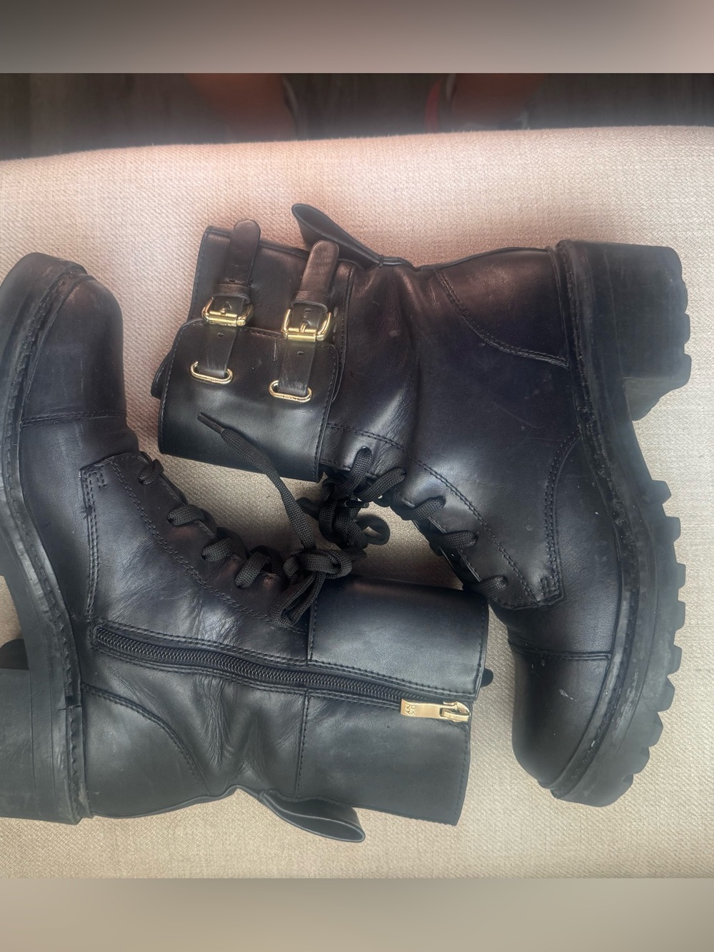 DKNY Black Leather Lace-Up Combat Boots with Gold Buckles